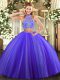 Smart Purple Tulle Criss Cross Quinceanera Dresses Sleeveless Floor Length Beading