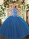 Sweet Floor Length Navy Blue Vestidos de Quinceanera Tulle Sleeveless Beading and Embroidery
