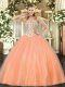 Peach Ball Gowns Sweetheart Sleeveless Tulle Floor Length Lace Up Beading Quinceanera Dress
