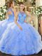 Pretty High-neck Sleeveless Lace Up Quinceanera Gowns Light Blue Organza