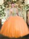 Orange Ball Gowns Tulle Halter Top Sleeveless Beading Floor Length Lace Up Sweet 16 Dresses
