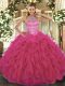 Wonderful Hot Pink Organza Lace Up Halter Top Sleeveless Floor Length Quinceanera Gown Beading and Embroidery