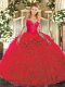 Popular Red Organza Lace Up Scoop Sleeveless Floor Length Quinceanera Dress Lace and Ruffles