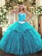 Aqua Blue Organza Lace Up Sweet 16 Dresses Sleeveless Floor Length Appliques and Ruffles