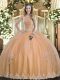 Floor Length Peach Sweet 16 Dress Tulle Sleeveless Beading and Appliques