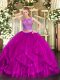 Affordable Fuchsia Two Pieces Beading and Ruffles Ball Gown Prom Dress Zipper Organza Sleeveless Floor Length