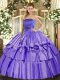 Inexpensive Floor Length Lace Up Quince Ball Gowns Lavender for Military Ball and Sweet 16 and Quinceanera with Ruffled Layers