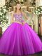 Glorious Lilac Ball Gowns Beading and Appliques Quinceanera Gown Lace Up Tulle Sleeveless Floor Length