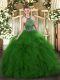Fantastic Tulle Halter Top Sleeveless Lace Up Beading and Ruffles Quinceanera Gowns in Green