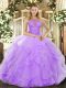 Captivating Lavender Lace Up High-neck Beading and Ruffles Quinceanera Gowns Organza Sleeveless