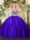 Scoop Sleeveless 15th Birthday Dress Floor Length Beading Purple Satin