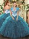Teal Sweetheart Neckline Beading and Ruffles Quince Ball Gowns Sleeveless Lace Up