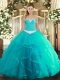 Deluxe Turquoise Quinceanera Gowns Military Ball and Sweet 16 and Quinceanera with Appliques and Ruffles Sweetheart Sleeveless Lace Up