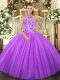 Customized Halter Top Sleeveless Quinceanera Gown Floor Length Beading Lavender Tulle