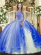 Most Popular Blue High-neck Lace Up Beading and Ruffles Quinceanera Gowns Sleeveless