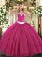 Hot Pink Tulle Lace Up 15th Birthday Dress Sleeveless Floor Length Appliques
