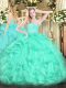 Nice Turquoise Ball Gowns Beading and Lace and Ruffles Quince Ball Gowns Zipper Organza Sleeveless Floor Length