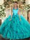 Romantic Turquoise Organza Lace Up Halter Top Sleeveless Floor Length Sweet 16 Dress Ruffles