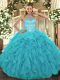 Beading and Embroidery and Ruffles Quinceanera Dress Aqua Blue Lace Up Sleeveless Floor Length