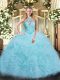 Organza Halter Top Sleeveless Lace Up Beading and Ruffles Quinceanera Dress in Aqua Blue