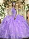 Fancy Lavender Organza Lace Up High-neck Sleeveless Floor Length Sweet 16 Dress Beading and Ruffles