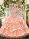 Fantastic Floor Length Peach Quince Ball Gowns Organza Sleeveless Appliques and Ruffled Layers