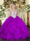 High End Eggplant Purple Sleeveless Beading and Ruffles Floor Length Sweet 16 Dresses