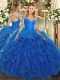 Gorgeous Blue Tulle Lace Up Sweet 16 Dresses Long Sleeves Floor Length Lace and Ruffles