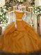 Affordable Floor Length Brown Quinceanera Dress Tulle Short Sleeves Appliques and Ruffles