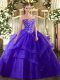 Lovely Floor Length Lace Up Sweet 16 Dress Purple for Military Ball and Sweet 16 and Quinceanera with Embroidery and Ruffled Layers