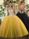 Gold Lace Up Halter Top Beading Quinceanera Dresses Tulle Sleeveless