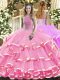 Cute Beading and Ruffled Layers Sweet 16 Dress Rose Pink Lace Up Sleeveless Floor Length