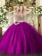 Colorful Tulle Scoop Sleeveless Lace Up Beading Quinceanera Gowns in Fuchsia
