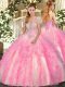 Adorable Rose Pink Ball Gowns Tulle Strapless Sleeveless Appliques and Ruffles Floor Length Lace Up Sweet 16 Dress