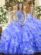 Exquisite Sleeveless Organza Floor Length Lace Up Vestidos de Quinceanera in Blue with Beading and Ruffled Layers