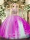 Sophisticated Sleeveless Tulle Floor Length Lace Up Ball Gown Prom Dress in Fuchsia with Beading and Ruffles