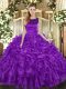 Sleeveless Organza Floor Length Lace Up 15th Birthday Dress in Eggplant Purple with Ruffles