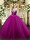 Amazing Fuchsia Tulle Lace Up Sweet 16 Dress Sleeveless Floor Length Beading