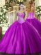 Purple Ball Gowns Sweetheart Sleeveless Tulle Floor Length Lace Up Beading Quinceanera Dress