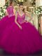 Unique Fuchsia Ball Gowns V-neck Sleeveless Tulle Floor Length Zipper Beading and Ruffles Quince Ball Gowns