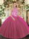 Floor Length Lace Up Vestidos de Quinceanera Fuchsia for Military Ball and Sweet 16 and Quinceanera with Embroidery