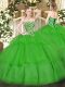 Luxury Floor Length Lace Up Quinceanera Gown Green for Military Ball and Sweet 16 and Quinceanera with Beading and Ruffled Layers