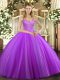 Eggplant Purple Ball Gowns Tulle V-neck Sleeveless Beading Floor Length Lace Up Quinceanera Gowns