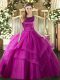 High Quality Fuchsia Lace Up Scoop Ruffles and Ruffled Layers Quinceanera Dress Tulle Sleeveless