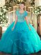 Fabulous Sleeveless Tulle Floor Length Clasp Handle Sweet 16 Dresses in Aqua Blue with Beading and Ruffled Layers