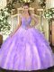 Inexpensive Lavender Tulle Lace Up Quince Ball Gowns Sleeveless Floor Length Beading and Ruffles