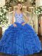 Blue Straps Lace Up Beading and Appliques and Ruffles Sweet 16 Dresses Sleeveless