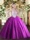 Sumptuous Fuchsia 15th Birthday Dress Military Ball and Sweet 16 and Quinceanera with Beading and Appliques Scoop Sleeveless Zipper