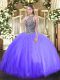 Lavender Ball Gowns Halter Top Sleeveless Tulle Floor Length Lace Up Beading 15th Birthday Dress