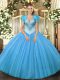 Eye-catching Sleeveless Floor Length Beading Lace Up Quince Ball Gowns with Aqua Blue